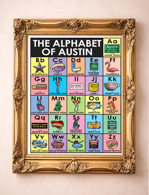 Art of Austin Art Print titled 'The Alphabet of Austin' with colorful letters and local references and icons.