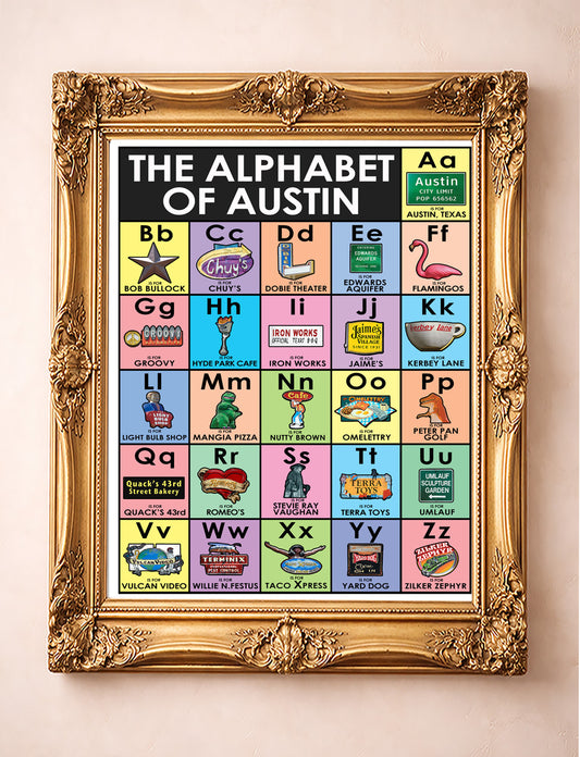 Art of Austin Art Print titled 'The Alphabet of Austin' with colorful letters and local references and icons.