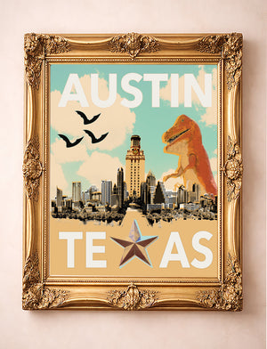 Austin travel poster art print by Betsy Crum in a gold frame