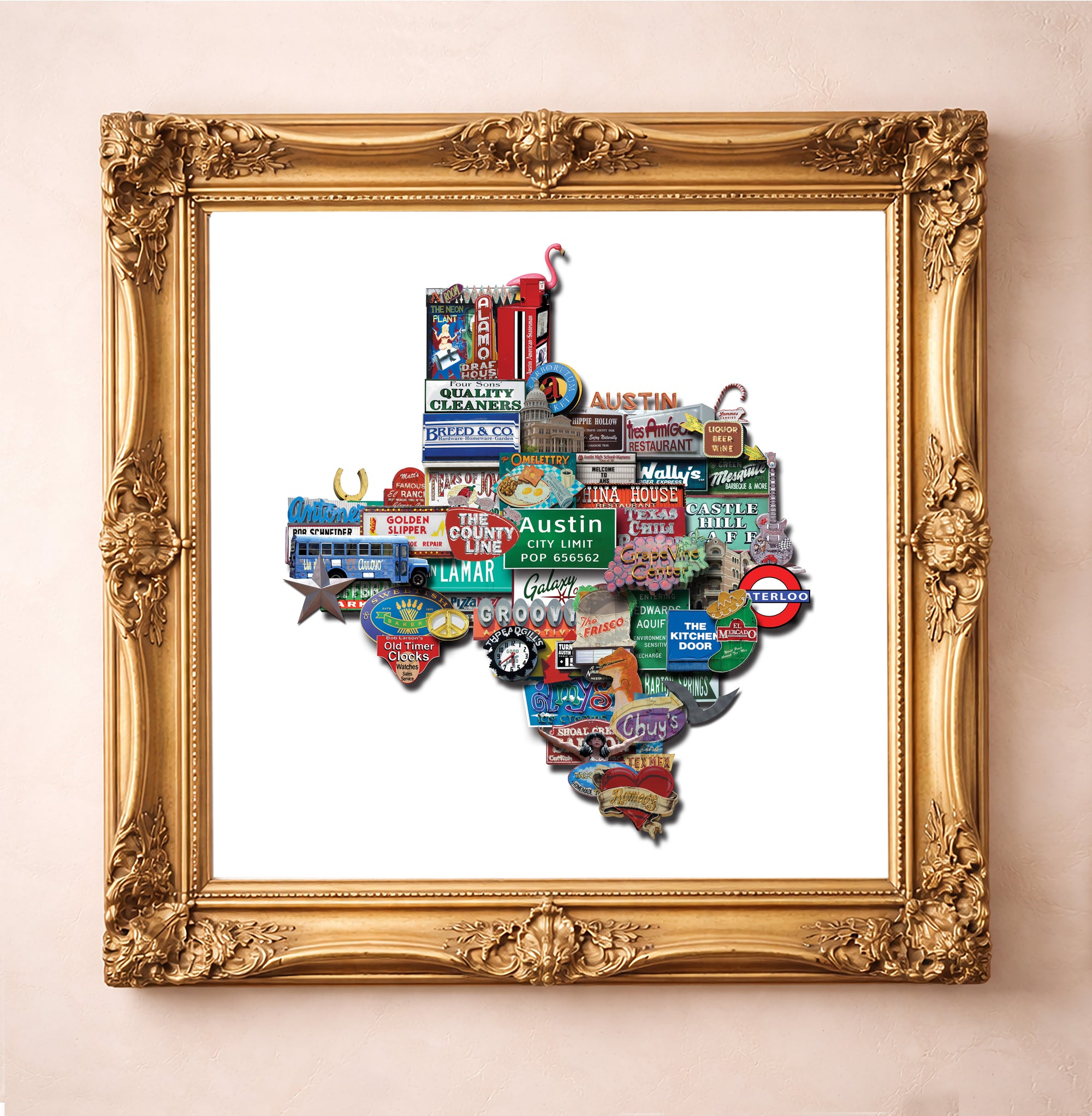 Austin Texas Wall Art Print by Betsy Crum.  This Austin Texas Photomontage Print is a matted archival art print in a gold frame inspired by old Austin signs, local landmarks, and the layered character of the city, available at crumart.com. This museum quality print is made right here in Texas.