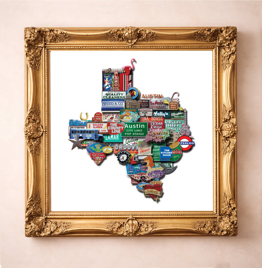 Austin Texas Wall Art Print by Betsy Crum.  This Austin Texas Photomontage Print is a matted archival art print in a gold frame inspired by old Austin signs, local landmarks, and the layered character of the city, available at crumart.com. This museum quality print is made right here in Texas.