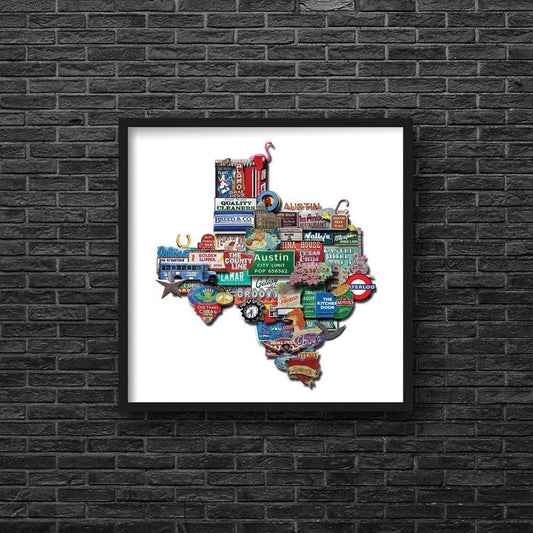 Austin Texas Shaped Photomontage featuring popular Austin images arranged in Texas shape, museum print on acid-free cotton paper in black frame