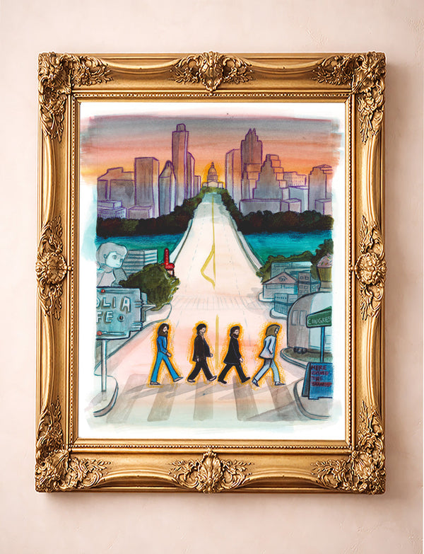 South Congress Beatles Austin art print by Caya Crum in ornate gold frame