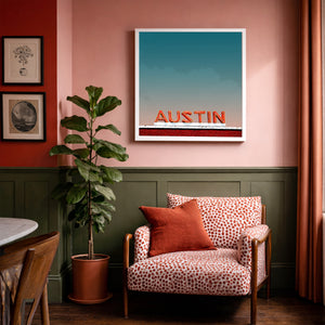 Austin Art Austin Texas Neon Sign Print, inspired by old Austin neon, early-2000s nostalgia, and the enduring heart of a city that keeps changing but never loses itself, available at crumart.com. This museum quality print is made right here in Texas by artist Betsy Crum.