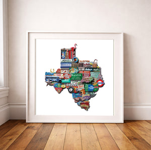 Austin Art Print - Texas Shaped Vintage Signs and Landmarks | Photomontage | Betsy Crum