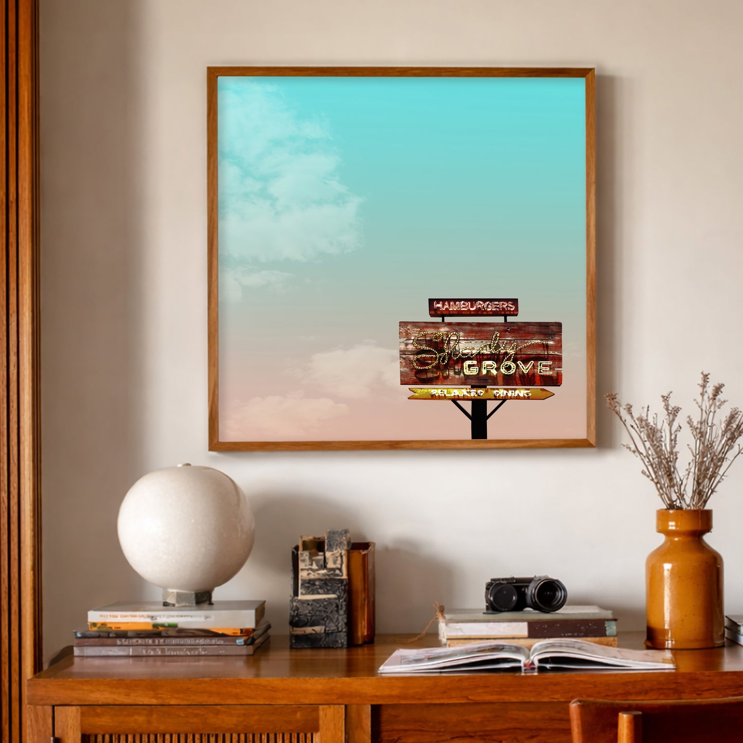 Austin Wall Decor Shady Grove Barton Springs Sign Print, an archival art print inspired by iconic old Austin signs, Barton Springs nostalgia, and the memories tied to Shady Grove, available at crumart.com. This museum quality print is made right here in Texas. Artist Betsy Crum.