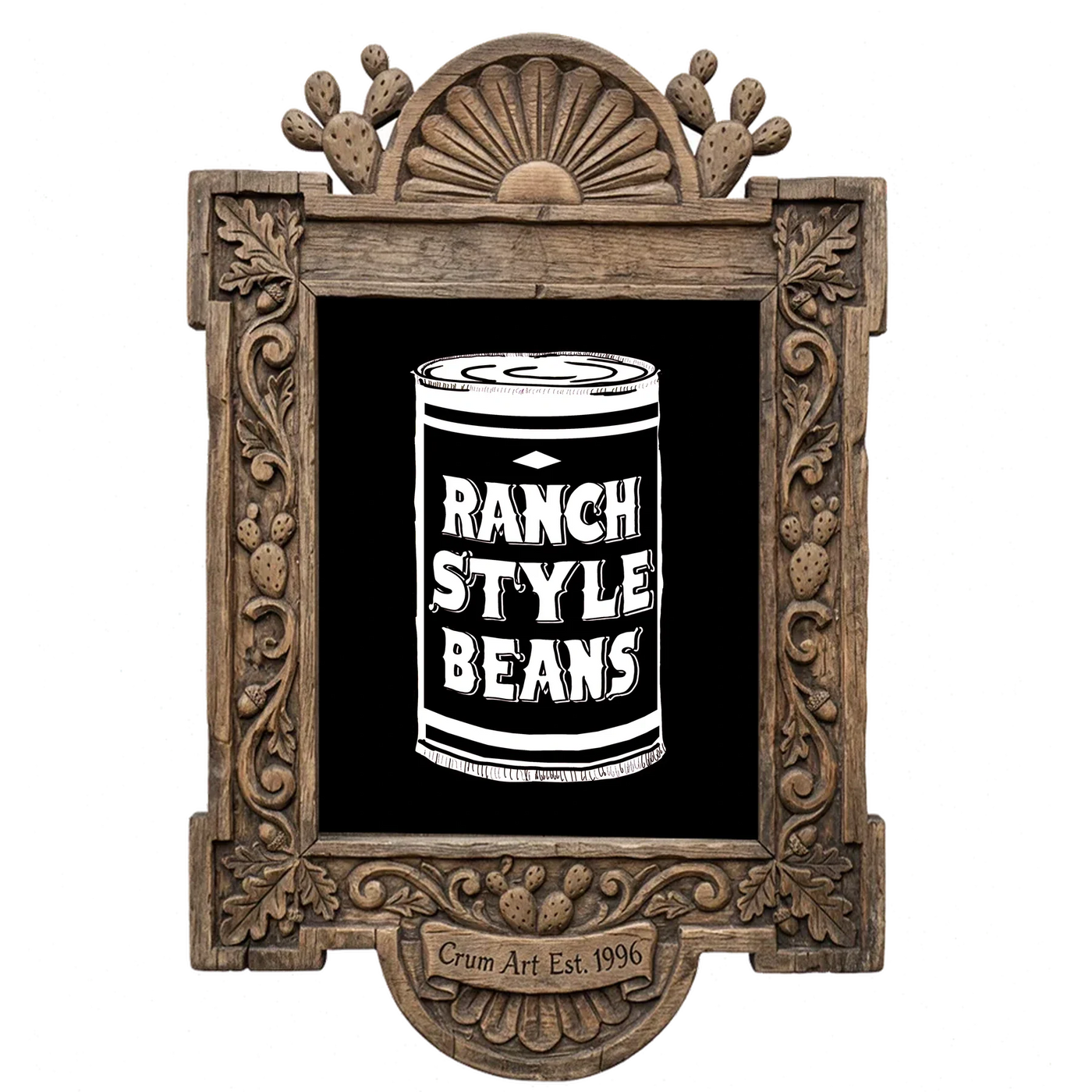 Ranch Style Beans can, white on black — art print in a carved wood frame, Crum Art