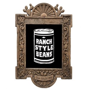 Ranch Style Beans can, white on black — art print in a carved wood frame, Crum Art