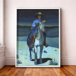 Western Art - Cowboy with a Baguette at Night Print - A Western Desert Scene | Caya Crum