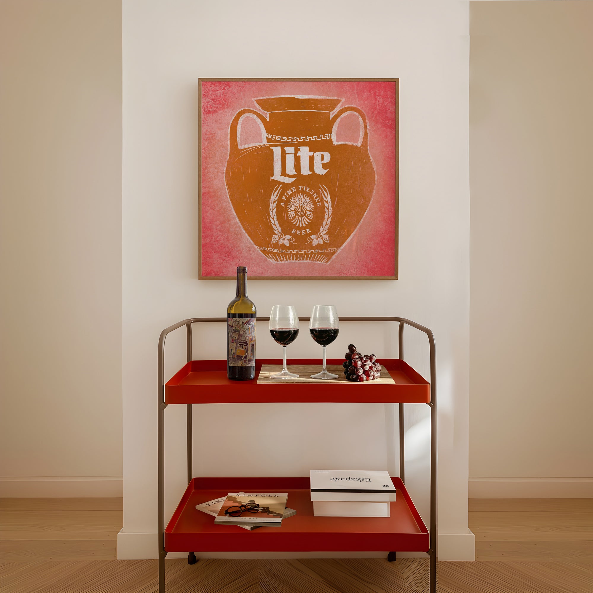 Miller Lite Amphora bar wall art print by Betsy Crum — bar cart room mockup