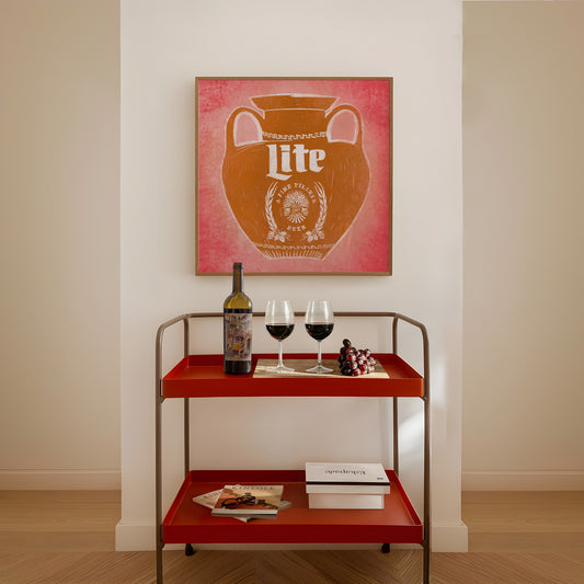 Miller Lite Amphora bar wall art print by Betsy Crum — bar cart room mockup