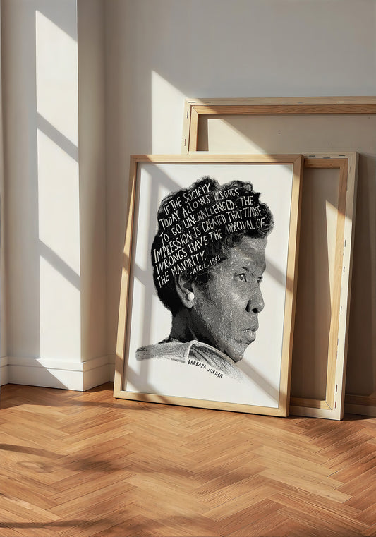 Barbara Jordan Texas art print by Betsy Crum — neutral frame room mockup