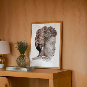 Barbara Jordan Texas art print by Betsy Crum — framed in a wood-accent room