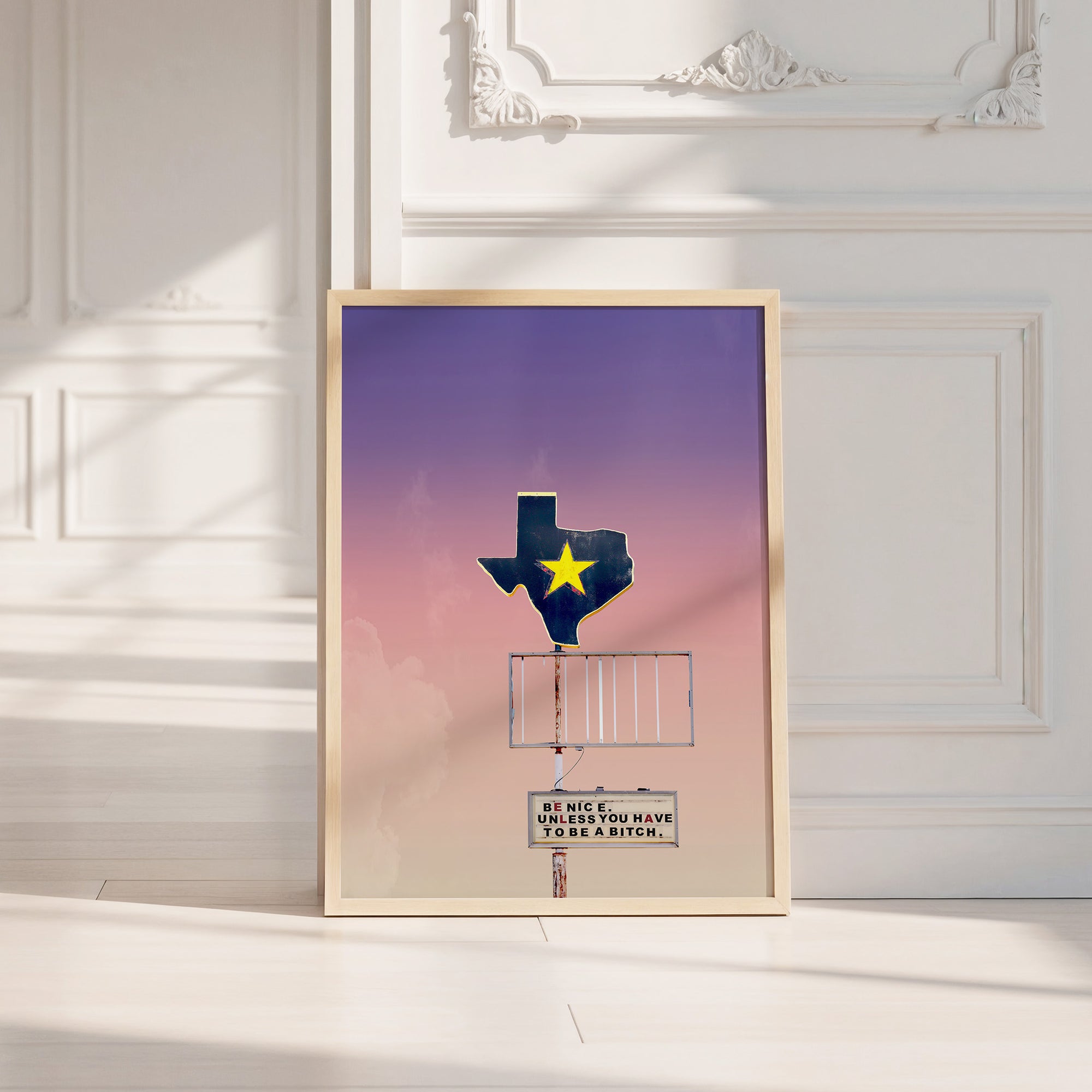 Be Nice office wall art print by Betsy Crum — neutral frame room mockup