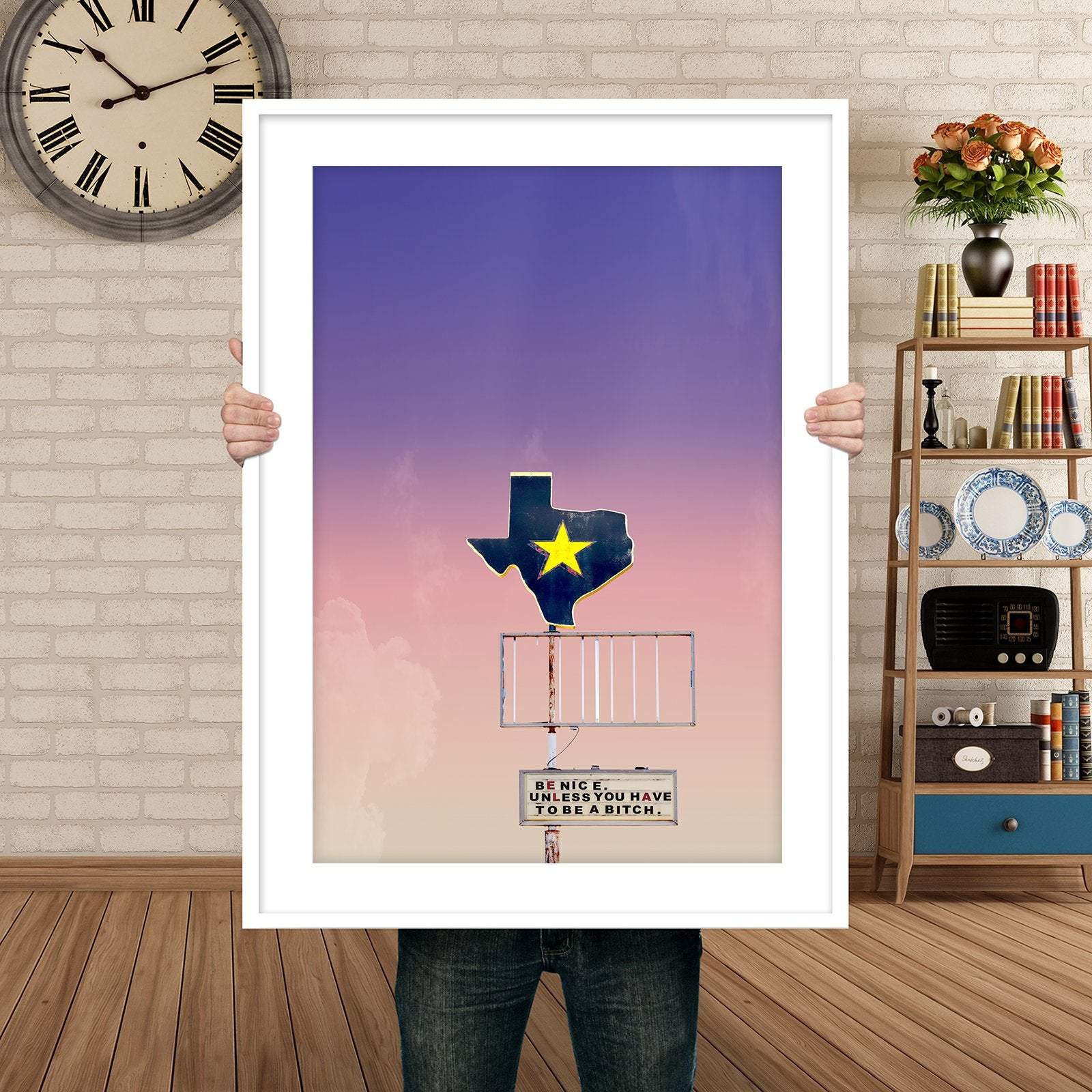 Be Nice Unless You Have to Be a Bitch print featuring Texas silhouette with star on gradient sky background