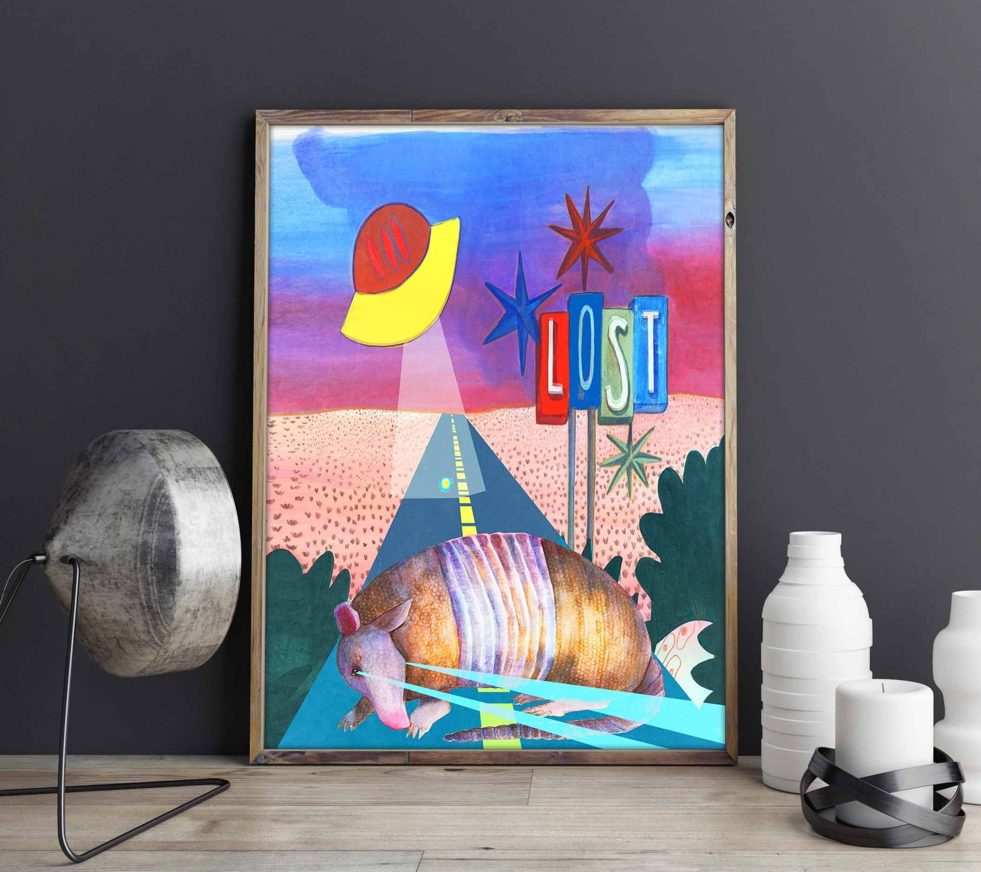 Ufo & Armadillo colorful modern art print on cotton rag paper by Caya Crum