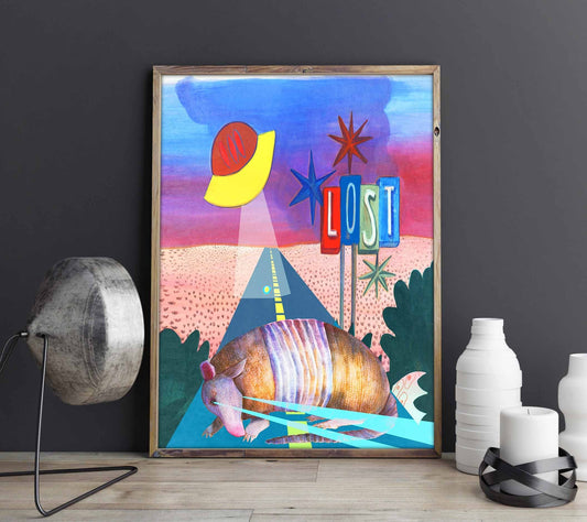 Ufo & Armadillo colorful modern art print on cotton rag paper by Caya Crum