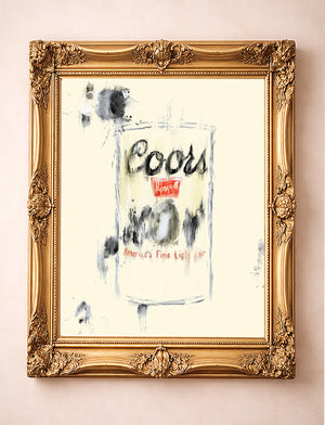 Bar wall art Coors Banquet beer print by Betsy Crum in a gold frame, man cave decor