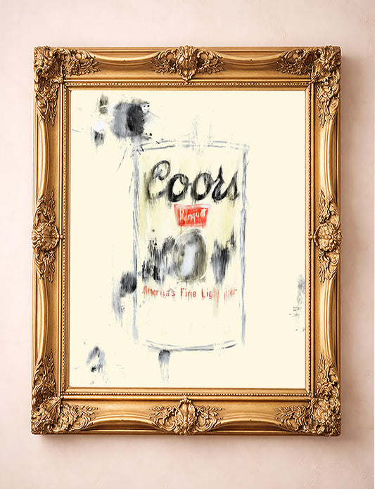Bar wall art Coors Banquet beer print by Betsy Crum in a gold frame, man cave decor