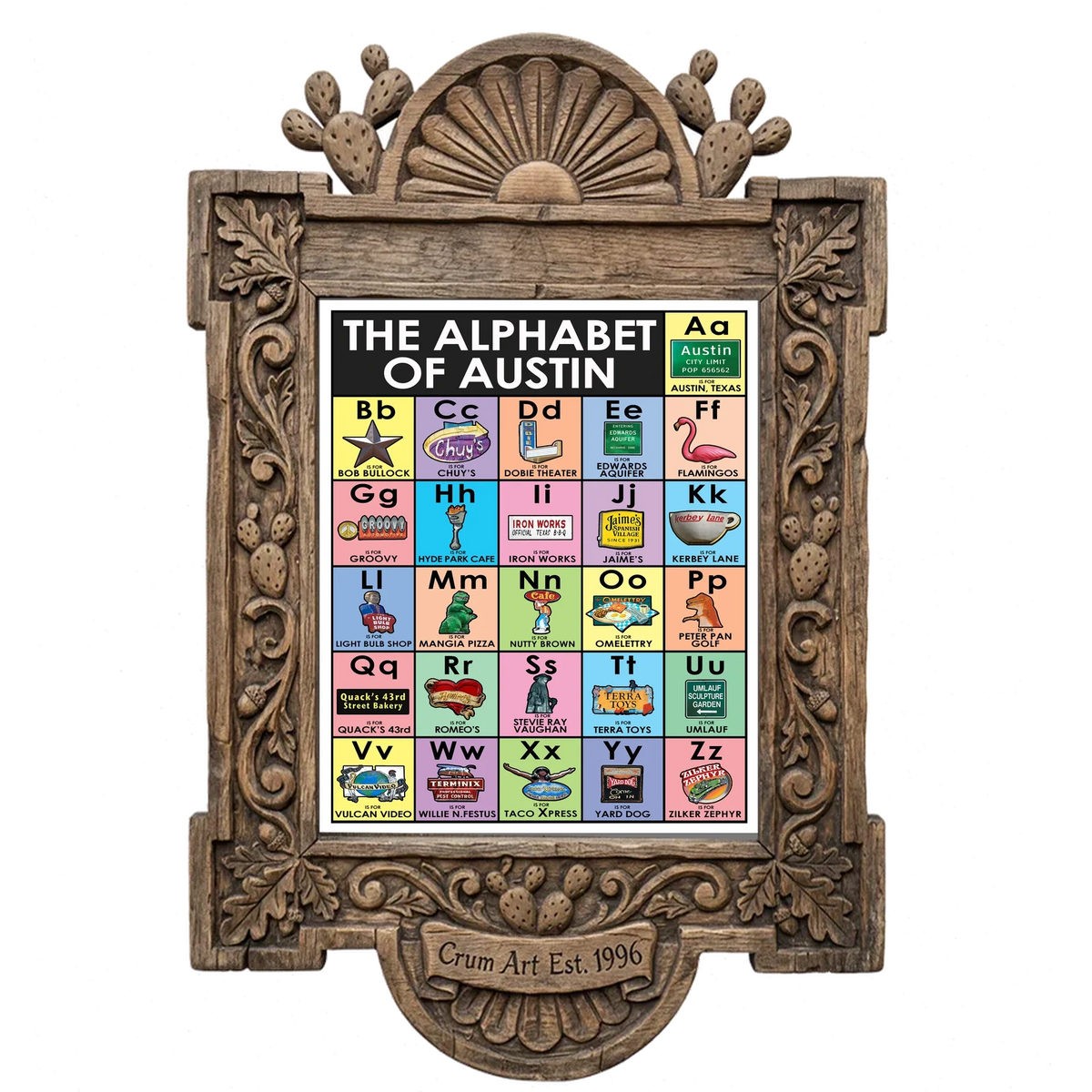 Alphabet — Austin art print by Betsy Crum in a carved wood frame