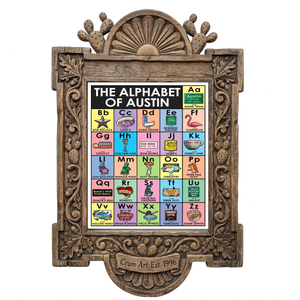 Alphabet — Austin art print by Betsy Crum in a carved wood frame