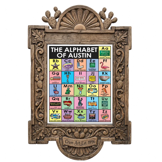 Alphabet — Austin art print by Betsy Crum in a carved wood frame