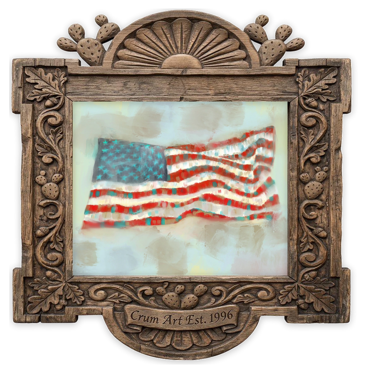 Painterly Flag — Americana art print by Betsy Crum in a horizontal carved wood frame