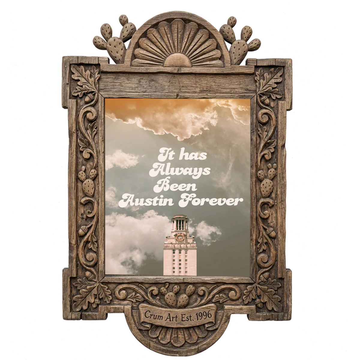 Austin Forever Tower — Austin art print by Betsy Crum in a carved wood frame