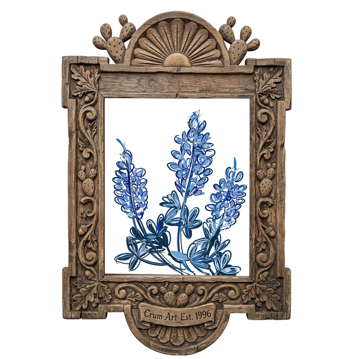 Chinoiserie Line — bluebonnet painting as an art print by Betsy Crum in a carved wood frame