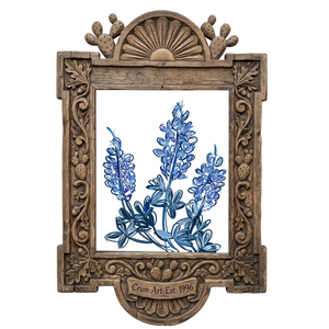Chinoiserie Line — bluebonnet painting as an art print by Betsy Crum in a carved wood frame