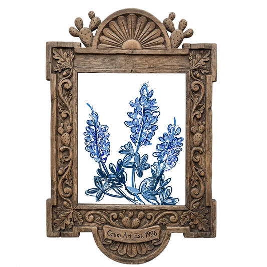 Chinoiserie Line — bluebonnet painting as an art print by Betsy Crum in a carved wood frame