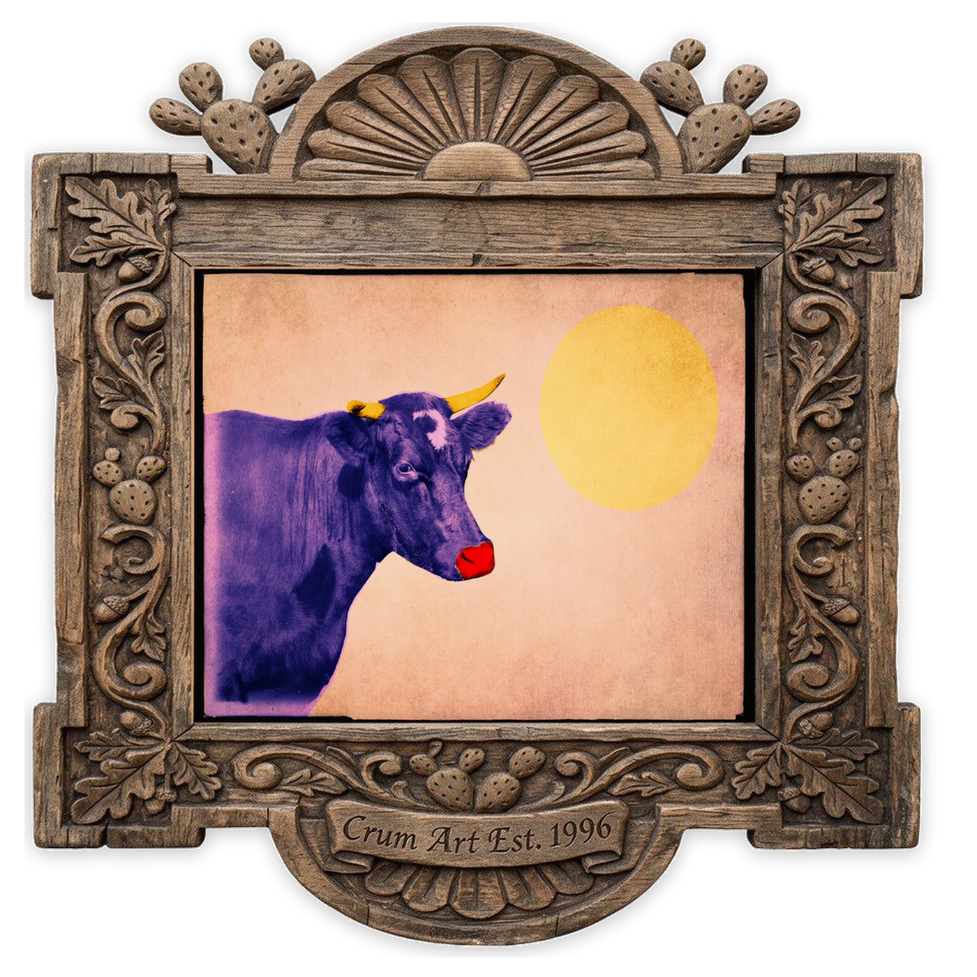 Warhol Cow — cow art print by Betsy Crum in a horizontal carved wood frame