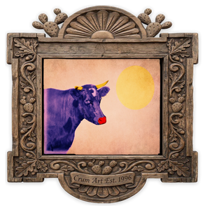 Warhol Cow — cow art print by Betsy Crum in a horizontal carved wood frame