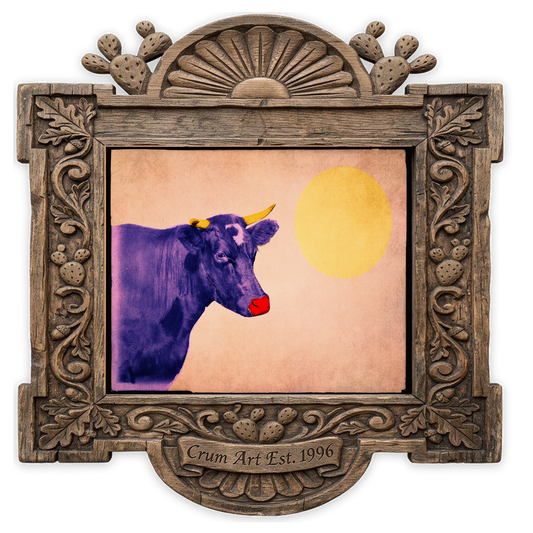 Warhol Cow — cow art print by Betsy Crum in a horizontal carved wood frame