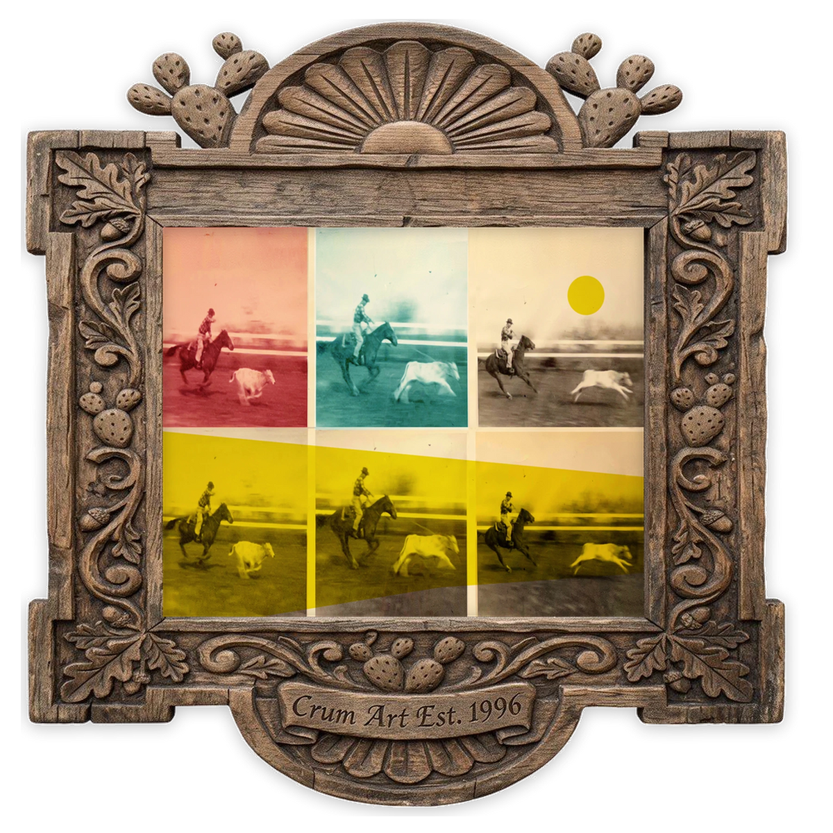 Steer Tripping JY — rodeo art print by Carl Crum in a horizontal carved wood frame
