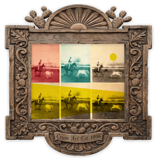 Steer Tripping JY — rodeo art print by Carl Crum in a horizontal carved wood frame