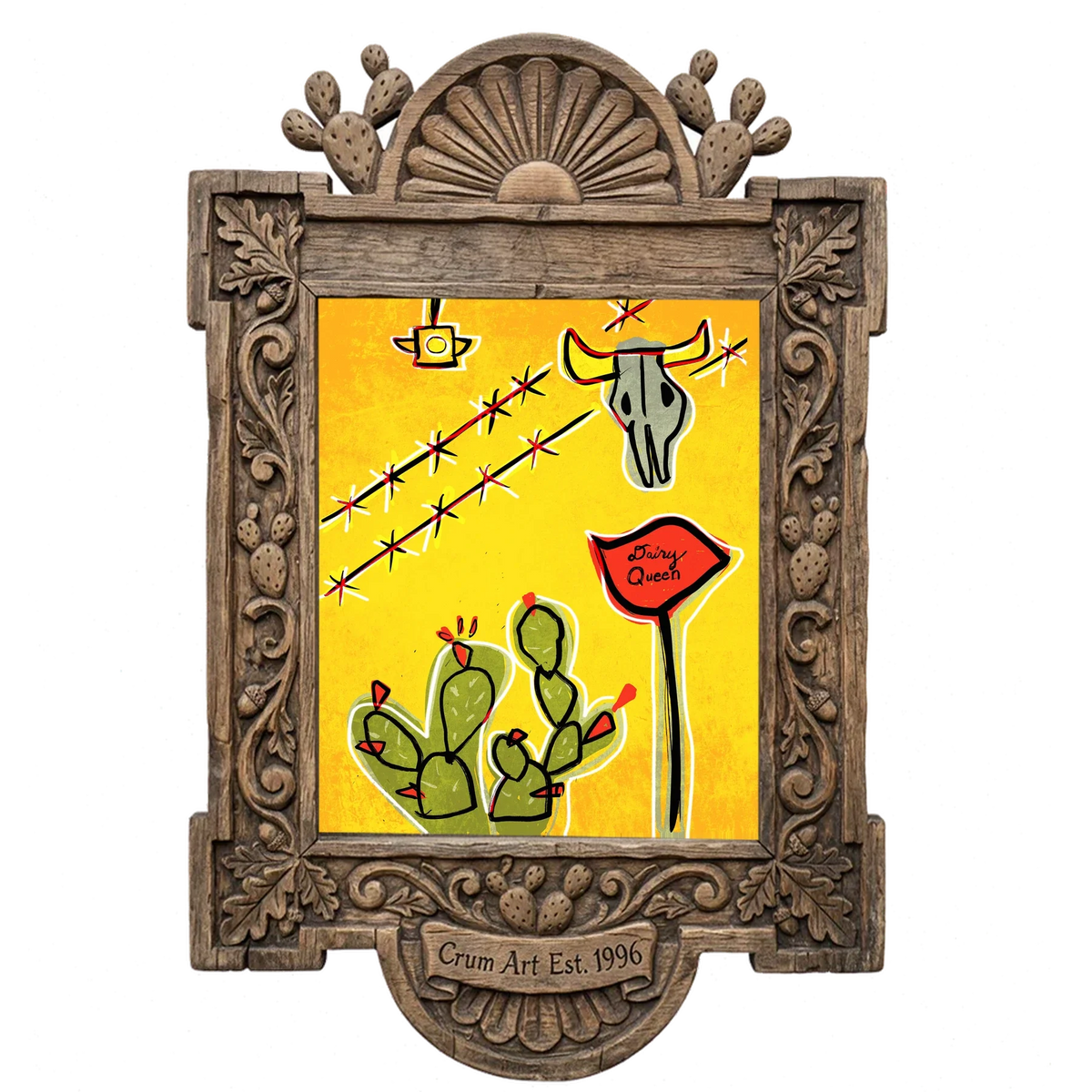 Dairy Queen Prickly Pear & Cow Skull — cactus art print by Betsy Crum in a carved wood frame