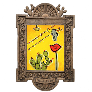 Dairy Queen Prickly Pear & Cow Skull — cactus art print by Betsy Crum in a carved wood frame
