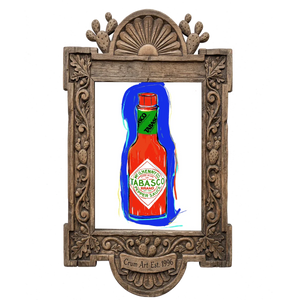 Tabasco Bottle, classic red — art print in a carved wood frame, Crum Art