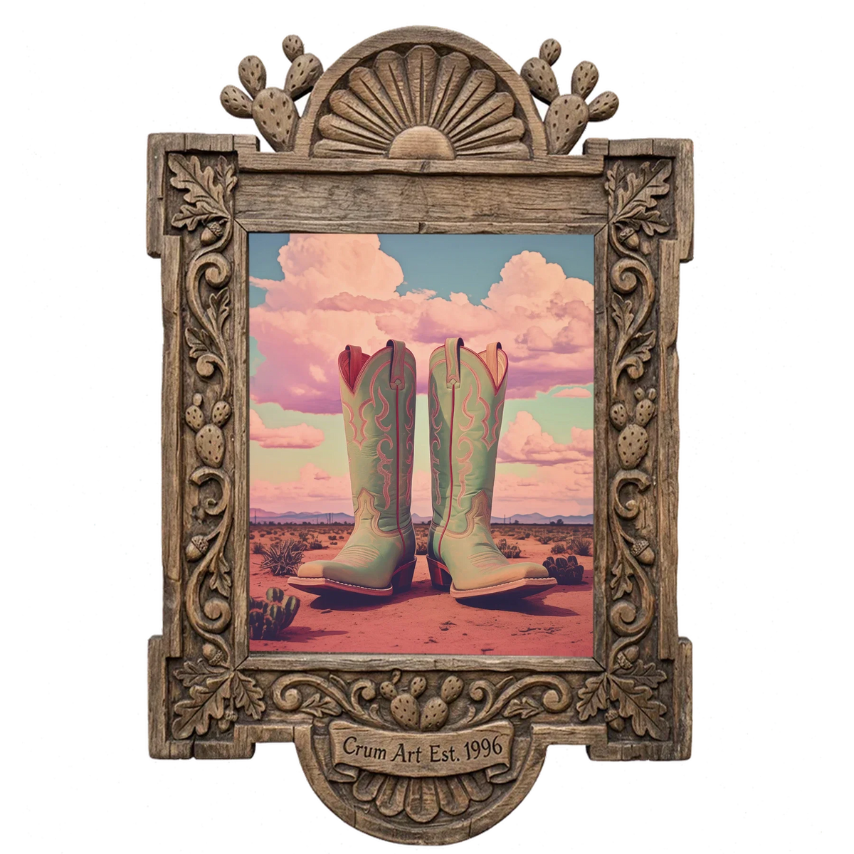 Marfa Boots Pastel — cowboy boot art print by Betsy Crum in a carved wood frame