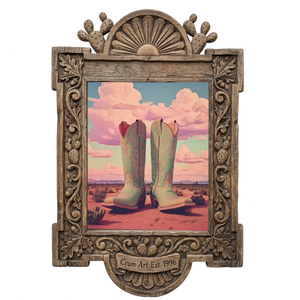 Marfa Boots Pastel — cowboy boot art print by Betsy Crum in a carved wood frame