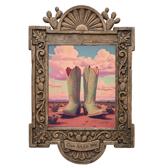 Marfa Boots Pastel — cowboy boot art print by Betsy Crum in a carved wood frame