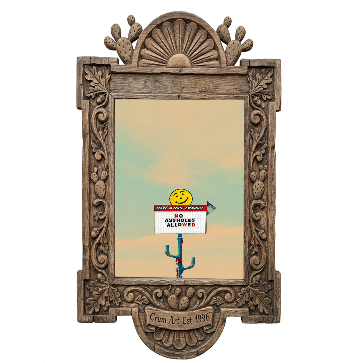No Assholes Allowed — office wall art print by Betsy Crum in a carved wood frame