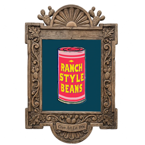 Ranch Style Beans can, pink on teal — art print in a carved wood frame, Crum Art