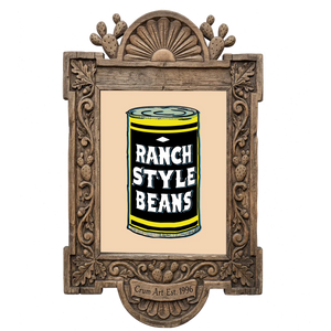 Ranch Style Beans can, yellow on tan — art print in a carved wood frame, Crum Art