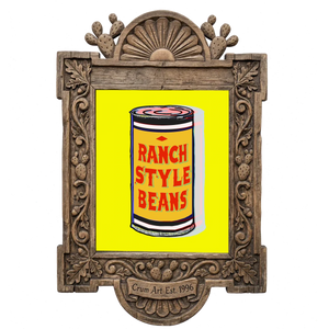 Ranch Style Beans can, yellow and red — art print in a carved wood frame, Crum Art