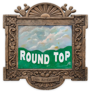 Round Top Hollywood Sign — Texas art print by Betsy Crum in a horizontal carved wood frame