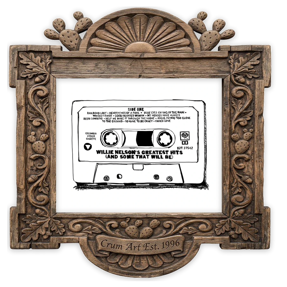 Willie Nelson Cassette B&W — music wall art print by Betsy Crum in a horizontal carved wood frame