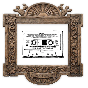 Willie Nelson Cassette B&W — music wall art print by Betsy Crum in a horizontal carved wood frame