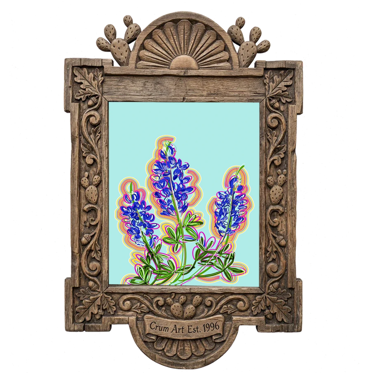 Blue Hill Country — bluebonnet painting as an art print by Betsy Crum in a carved wood frame